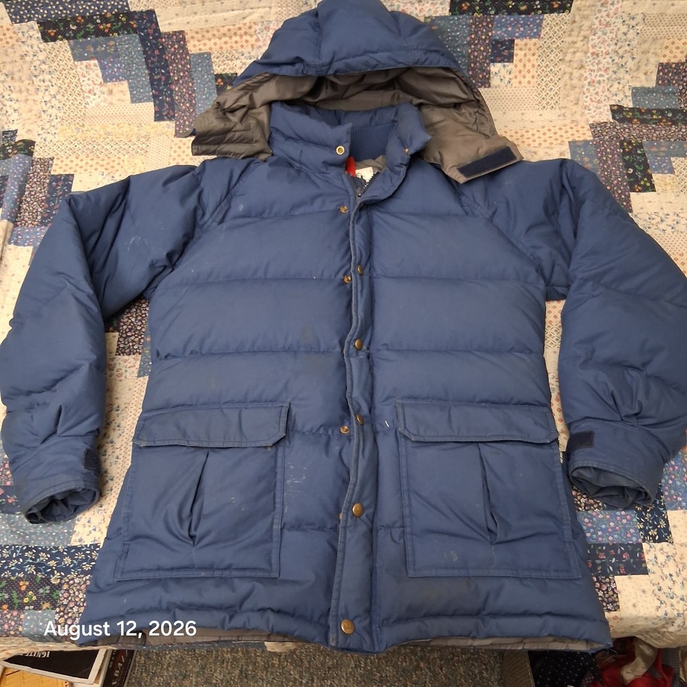 Vintage 80s REI Mens Medium Blue Down Filled Hooded Puffer Parka Ski Winter Coat